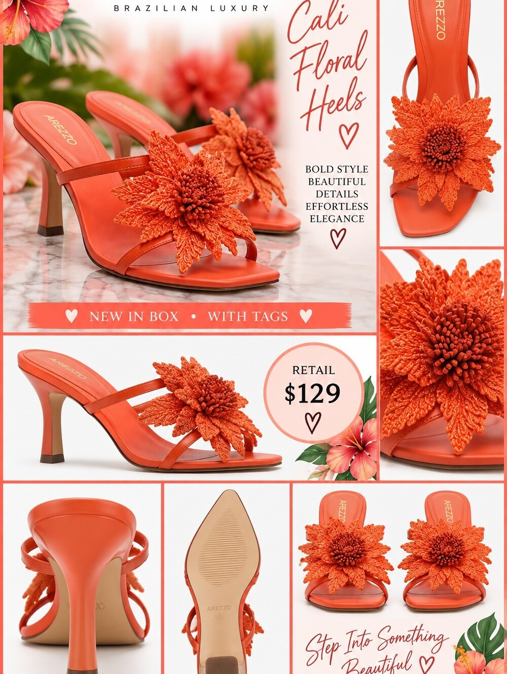 Arezzo Cali Floral Heels in Coral Orange NIB